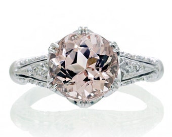 18 karat white gold 9mm round morganite vintage crown design engagement anniversary wedding ring - Crown Wedding Ring 18 karat white gold 9mm round morganite vintage crown design engagement anniversary wedding ring - Crown Wedding Ring