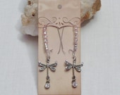 Dangling dragonfly earrings; Rhinestone jewelry; Handmade silver jewellery