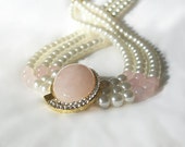 Vintage Pearl Beads Soft Pink Oval Cabochon Rhinestones Necklace