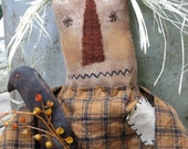 Primitive Grungy Folk Art Po Scarecrow w/Crow on Stick Doll Set