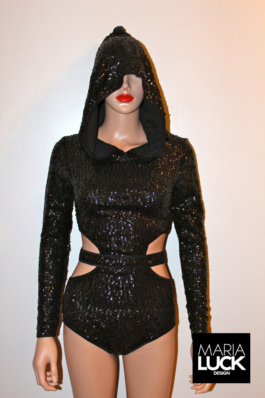 Sequin hoodie leotard long sleeve side cut outs for gymnastics