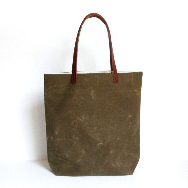 Brown Waxed Canvas Tote Leather Straps by jennengStudio on Etsy