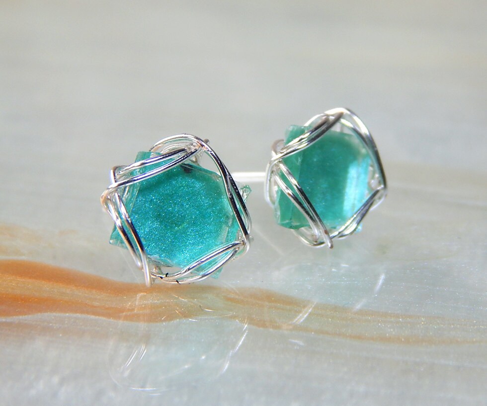 Mint Stud Earrings Sea Glass Stud Earrings Art Glass Post