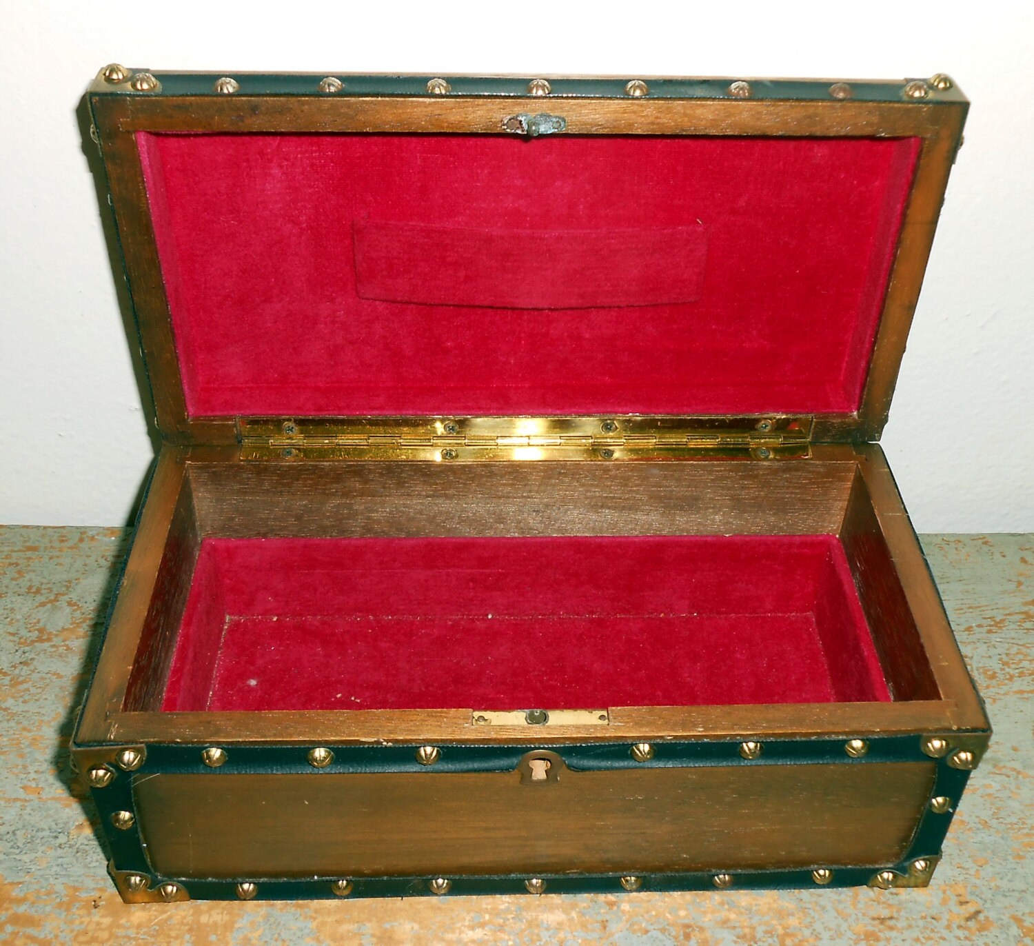 Vintage Jewelry Box Treasure Chest Wood Brown Brass Studs