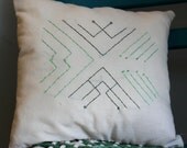 Embroidered Green Design Pillow, Up-cycled Quilt Back