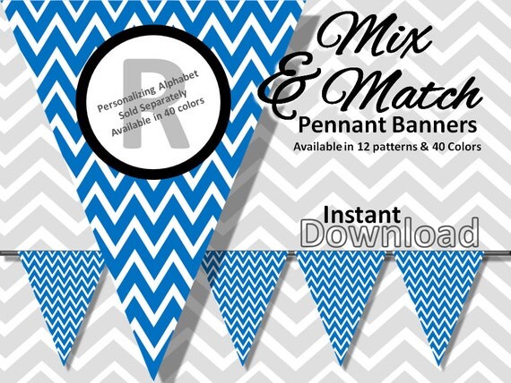 DIY Printable Pennant Party Banner - Instant Download Blue Chevron Bunting Pennant Banner Instant Download - Mix & Match Banners:12 patterns / 40 colors - DIY Printable Party Decorations