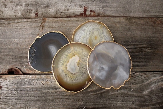 In Stock and Ready to Ship------Set of Four Gold Rimmed Agate Coasters