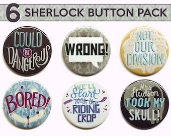 Sherlock Buttons // Set of Six 2" Pinback Buttons // Sherlock Magnets
