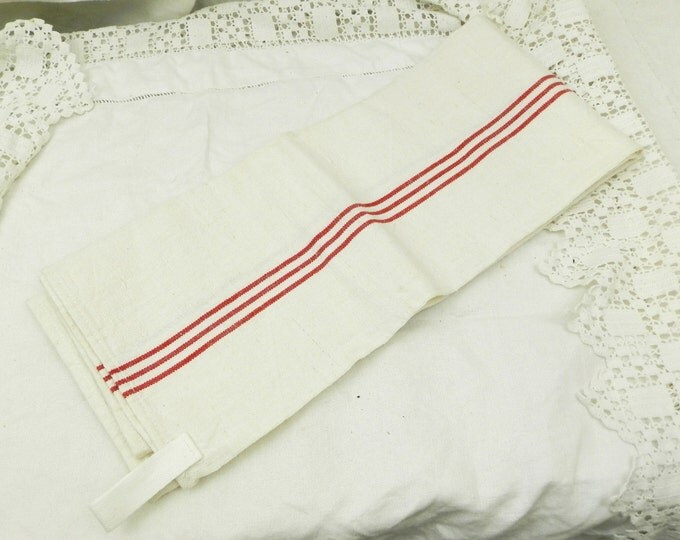 Excellen Coindition Large Antique French Linen Tea Towel with Woven Red Stripes / French Country Kitchen Decor/ Traditional/ Parisian /Home