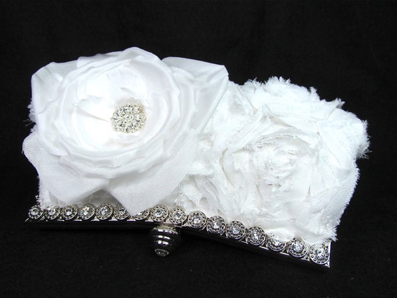 White Rosette Rhinestone Bridal Clutch Wedding Purse
