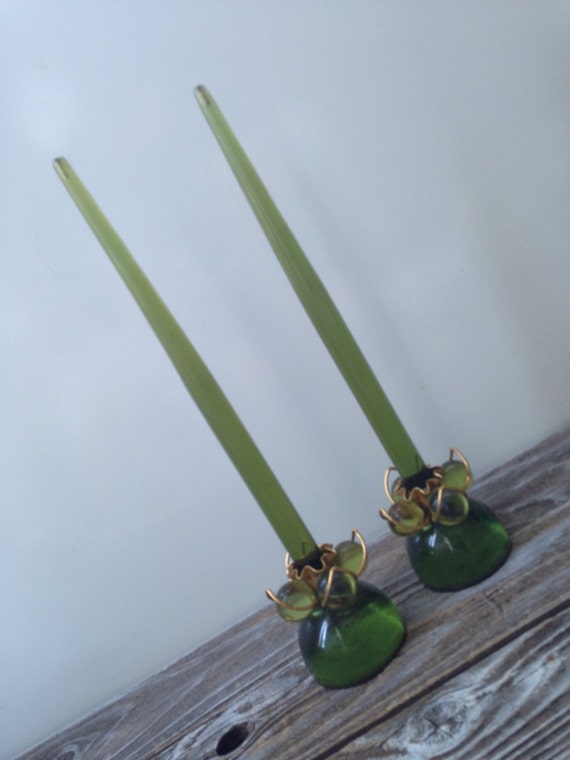 Vintage 1960s Lucite Candle Holders Lime Green Cluster Ball