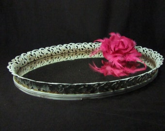 Mirror Tray, Vintage Shabby Teal Mirror Tray, Filigree Tray, Vanity Mirror Tray