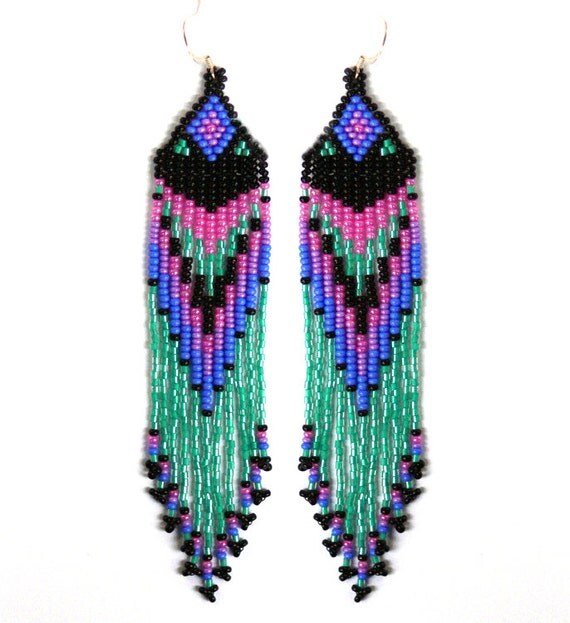 Items similar to Native American Beaded Earrings Inspired. Pink, Blue ...