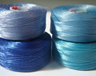 4 Spools S-Lon D BLUE Mix - 1 ea Royal Blue, Lt Blue, Sky Blue, Turquoise, Super-Lon D Thread, on & off loom Beading Thread, Thread