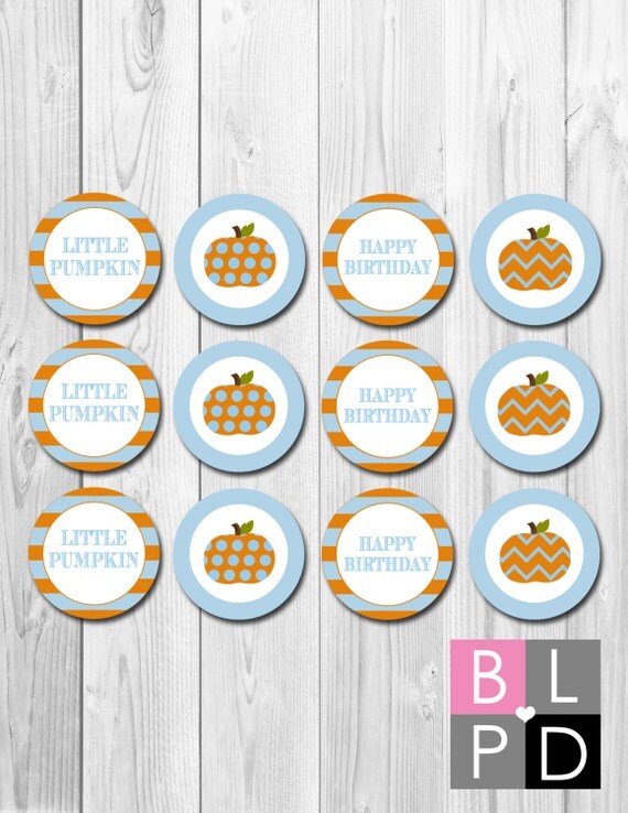 INSTANT DOWNLOAD - Cupcake Toppers - Little Pumpkin Birthday Theme - Blue and Orange - DIY - Printable Il_570xn