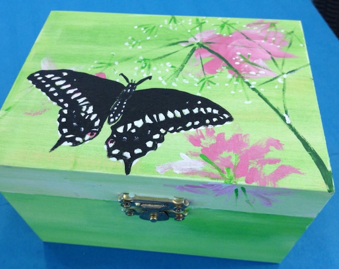 Solid Wood Box with Hinges and Latch - Acrylic Painted Butterfly and Flowers on Top