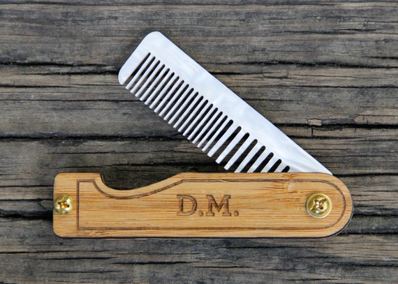Personalized Handmade Folding Wood Mustache Comb - Bamboo and Marble Acrylic