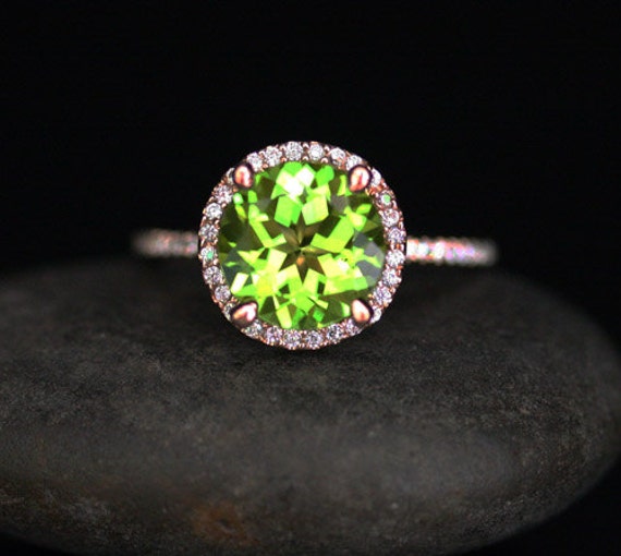 Stunning Rose Gold Peridot Engagement Ring Peridot Round 9mm