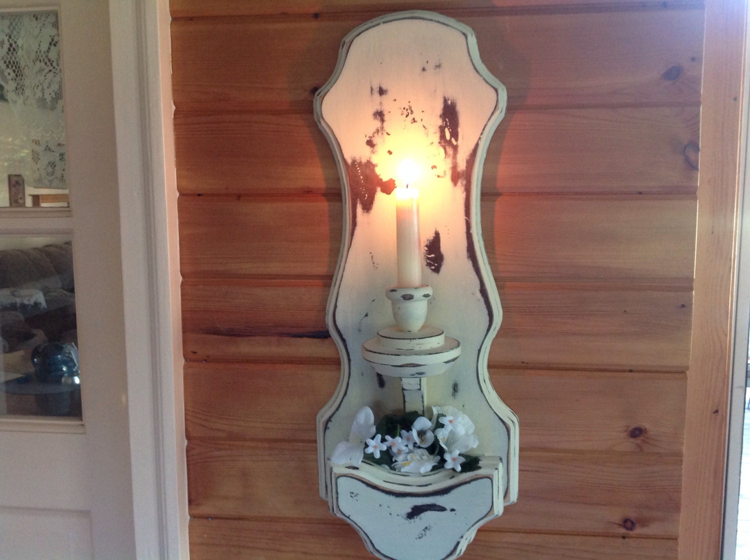 Wood Candle Holder With Pocket Wall Hanging by MichellesHouse