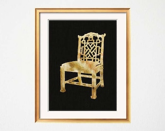 Chinoiserie Art Print, Gold Black Chinese Chippendale Chair Print, Palm Beach Chic, Hollywood Regency, Black Gold Asian Chair Art Print
