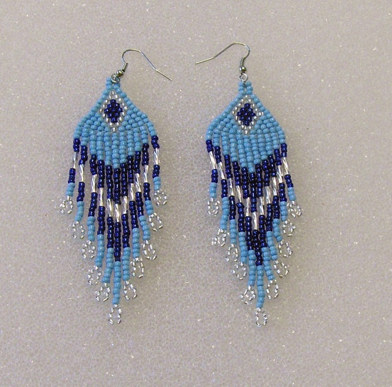 Native American Inspired Beaded Dangle Earrings In Light Blue