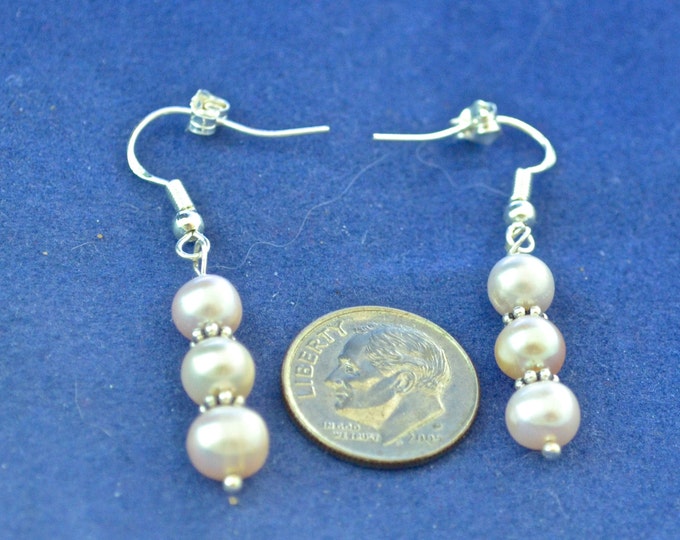 Pearl Earrings, Sterling Silver French Hooks, Pink Cultured Pearls E202