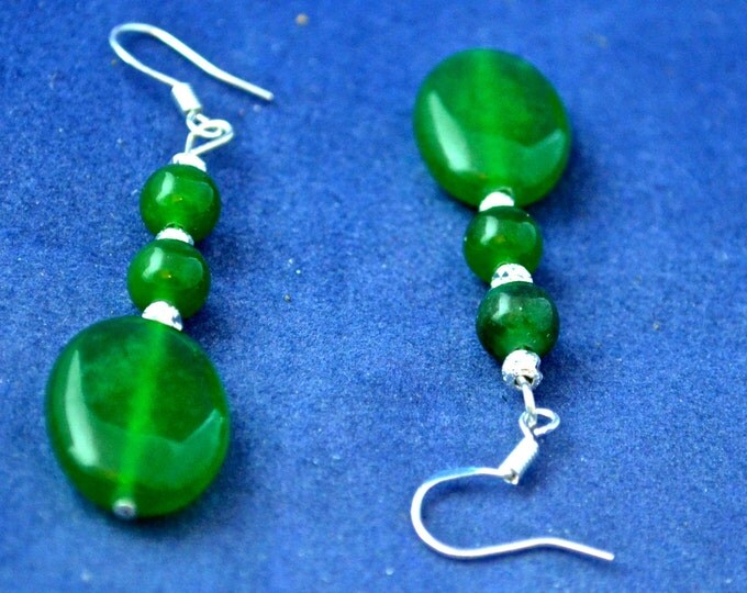 Emerald Gem Bead Earrings, 2 Inch Dangles, Sterling Silver E542