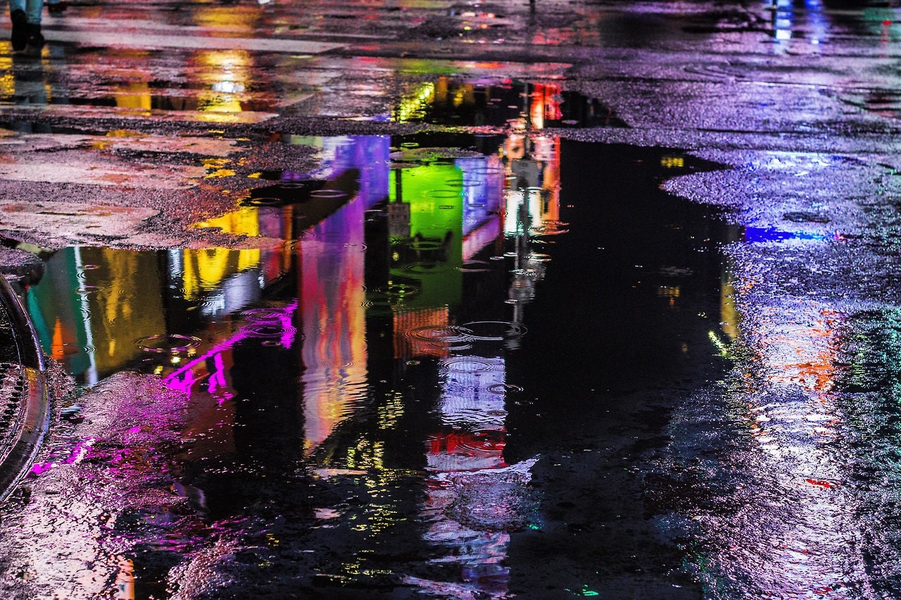 NYC Urban Abstract Photography  Times Square Night Puddle