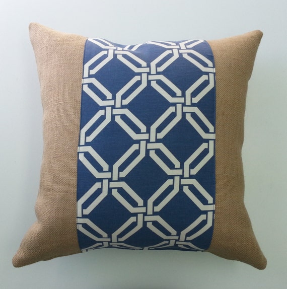 Items similar to Burlap and Blue 20 inch Square Pillow Cover on Etsy