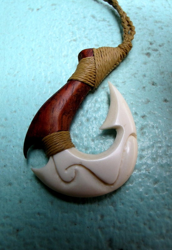 Fish Hook necklace Composite of koa wood and bone High