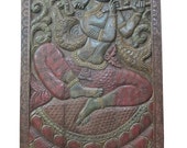 India Art Vintage Hand Paint Fluting Krishna Teak Carving Wall Hanging Panel