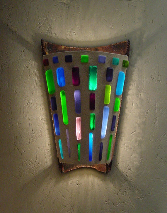 Items similar to Curved Concrete and Glass VSconce in Blue and Green