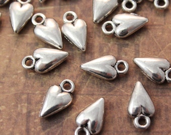 20 Heart Charms Heart Pendants Antiqued Silver Tone Double Sided 3D 7 x 10mm