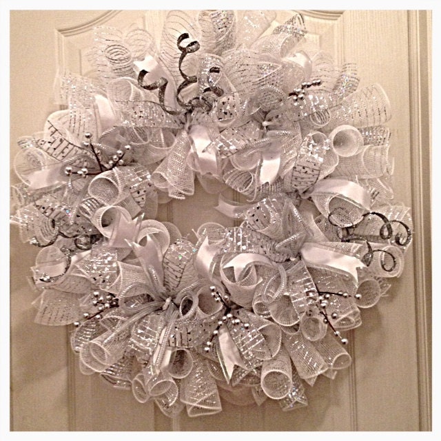 Silver and White Deco Mesh Wreath/ Wedding by CKDazzlingDesign