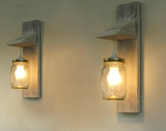 Pair of Wall lamp, Reclaimed wood wall sconce, Mason Jar lighting