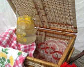Vintage 70's mod parallelogram-shaped picnic basket, cream & taupe wicker, side and top handles, missing leather latch Vintage 70's mod parallelogram-shaped picnic basket, cream & taupe wicker, side and top handles, missing leather latch