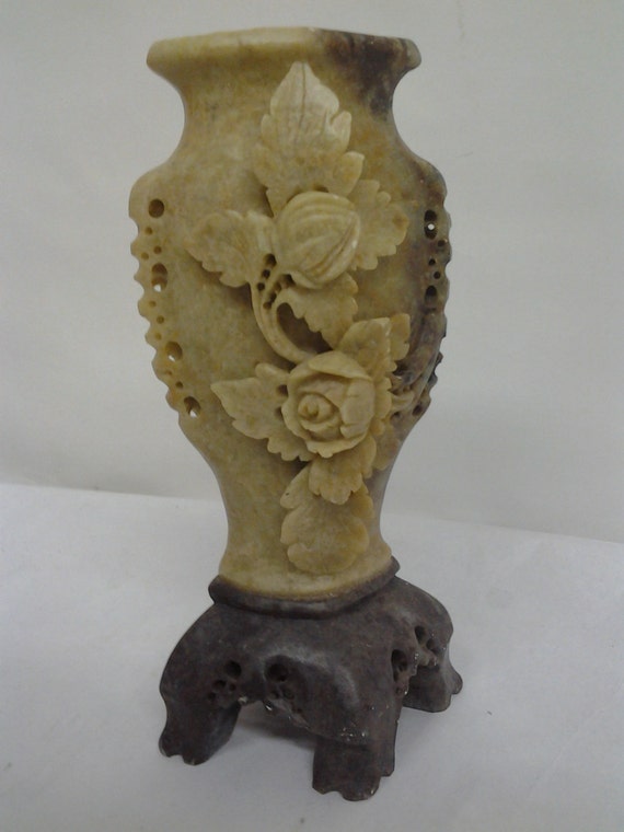 A rare vintage Chinese hand carved reticulated soapstone vase