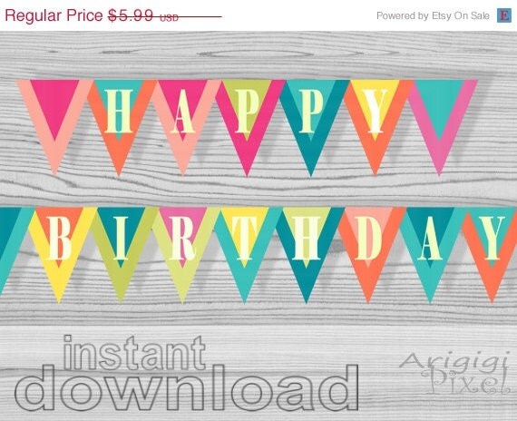 WEEKEND SALE 50% OFF Summer colors Happy Birthday banner, summer party decoration, printable pennant, multicolored, Diy, instant download Il_570xn