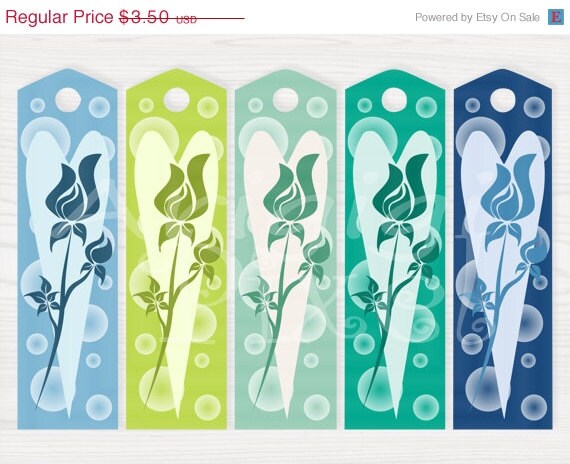 WEEKEND SALE 50 % OFF Spring Blue Green Long Gift Tags Bookmarks Holiday Printables Heart and Rose Bud, Diy gift wrapping Il_570xn