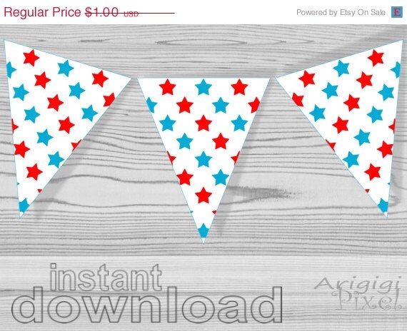 WEEKEND SALE 50 % OFF July 4th printable banner, stars pattern, light blue, red, white, patriotic holidays, Diy garland, instant download Il_570xn