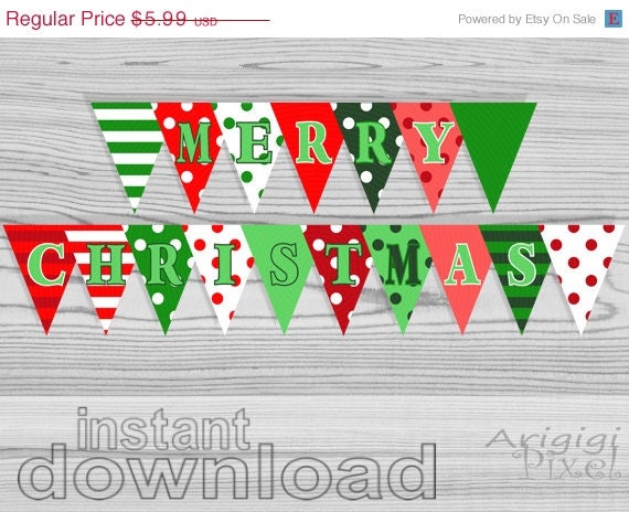 ON SALE 50 % OFF Diy Printable Banner, Merry Christmas Party, Polka Dot Striped, Holiday pennant, red green, bunting banner, ready to print, Il_570xn