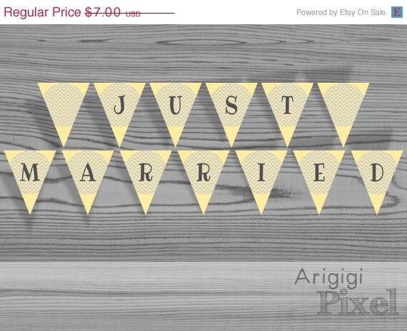 ON SALE 50 % OFF just married, printable banner, Diy wedding decoration, print and cut pennant, yellow, gray, chevron, instant download Pdf Il_570xn