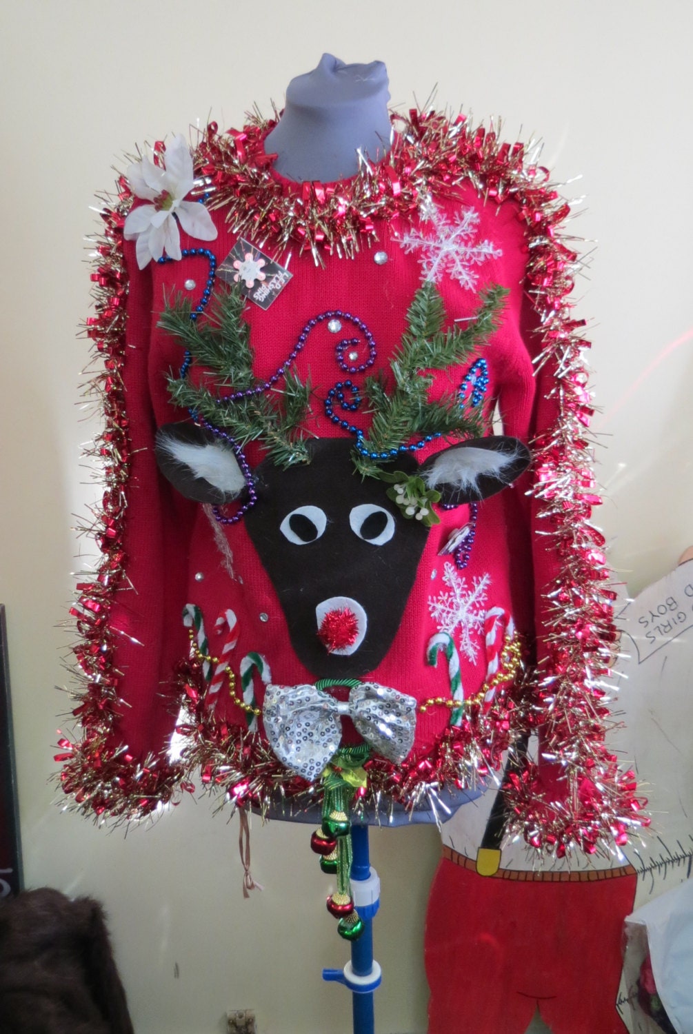 Custom 3-D Reindeer Tacky Ugly Christmas Sweater with Wild