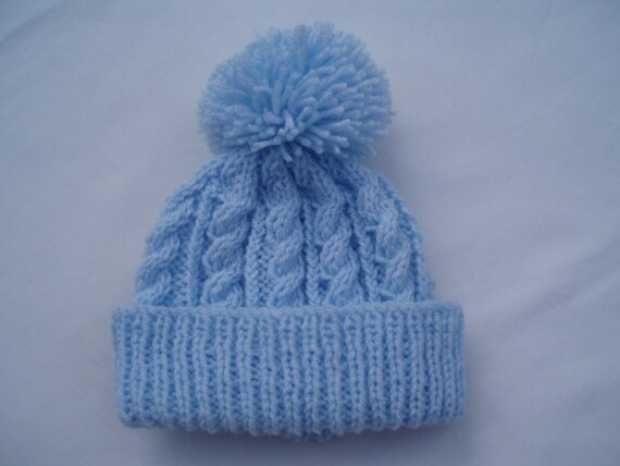 Baby blue hand knitted aran beanie bobble hat adults