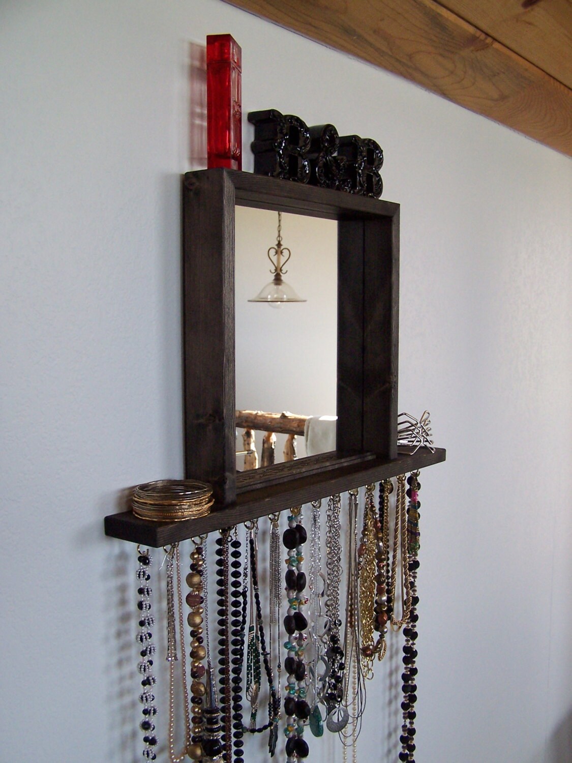 Wall hanging Necklace Organizer With Shelf by barbwireandbarnwood
