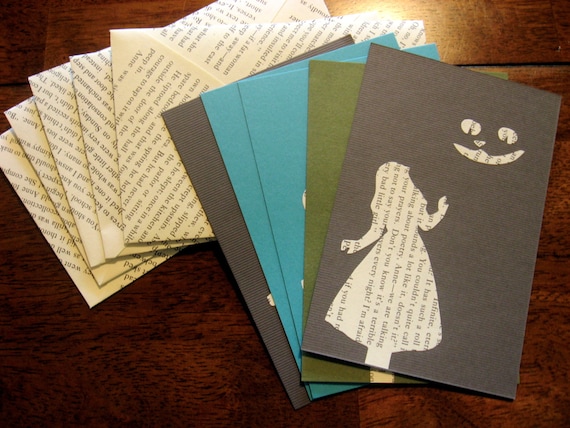 Alice in Wonderland and Cheshire Cat Silhouette Literary Book Print Notecard with Envelope- Set of 5