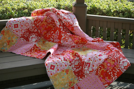 READY to SHIP, Rag Quilt,  Lap Quilt, Picnic Quilt, Taza in Pink, Fuschia, Red, Yellow, Aqua, All Natural, Handmade