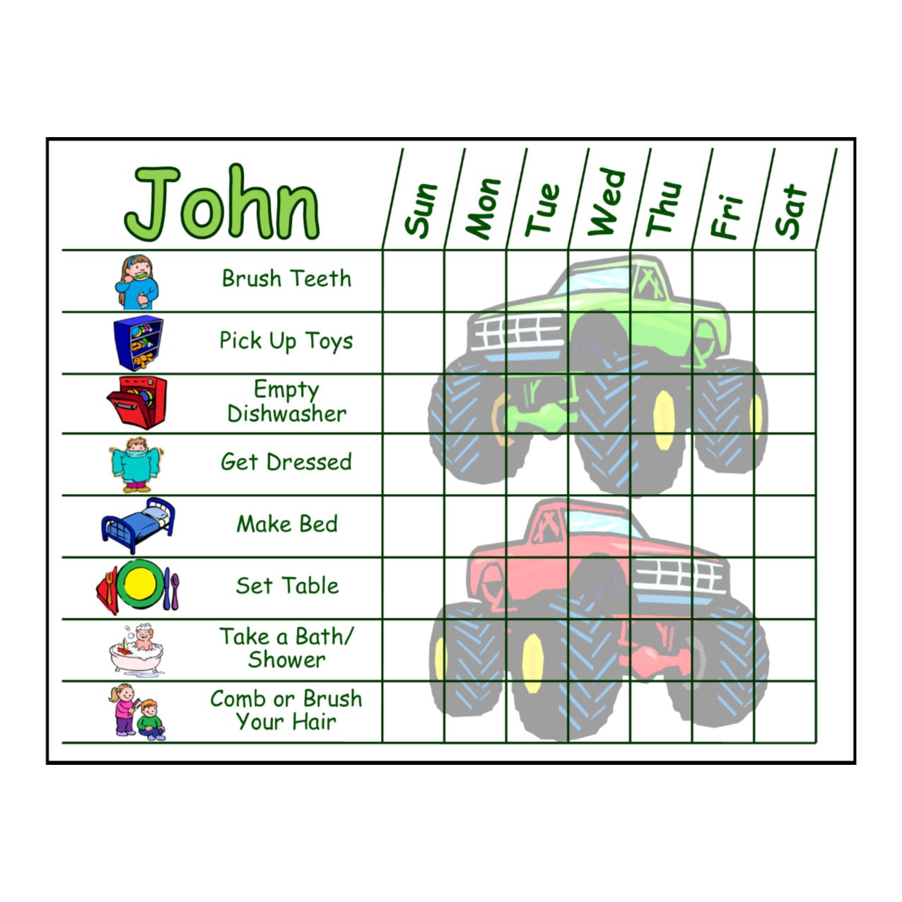 Childrens Chore Chart with Chore Pictures Boy Themes