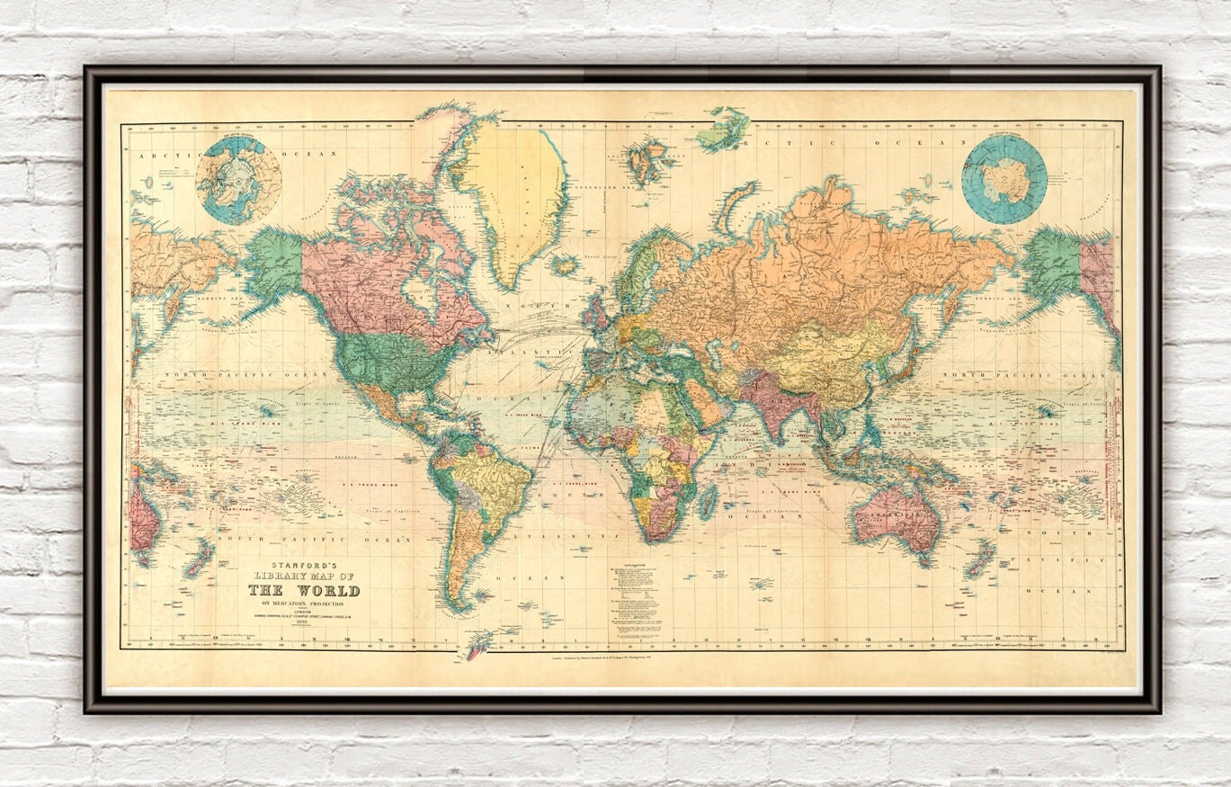 Beautiful World Map Vintage Atlas 1898 Mercator By