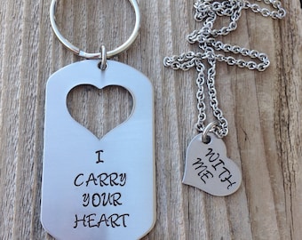 Custom military dog tag I carry your heart with me hand stamped dog tag and missing heart his and her set deployment gift jewelry